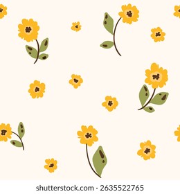 Seamless floral pattern, liberty ditsy print with simple yellow flowers. Cute botanical surface design, ornament of small hand drawn flowers, tiny leaves on white field. Vector illustration.