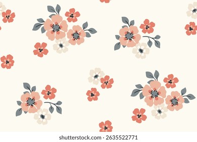 Seamless floral pattern, liberty ditsy print in delicate rustic, folk motif. Romantic botanical design of small hand drawn flowers, tiny leaves, simple bouquets in pastel colors. Vector illustration.