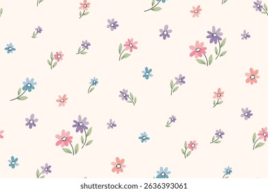 Seamless floral pattern, liberty ditsy print of pretty mini chamomiles. Cute romantic botanical design of small simple daisy flowers, tiny leaves. Pastel textile print. Vector illustration.