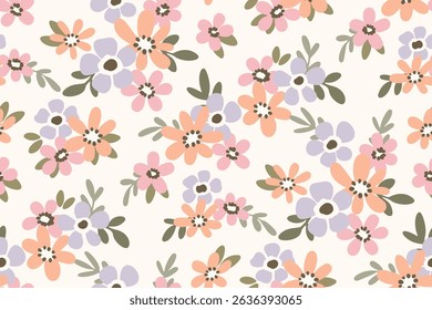 Patrón floral sin fisuras, impresión sucia de la libertad en colores pastel románticos. Diseño botánico delicado de mini plantas simples, Pequeñas flores de margarita dibujadas a mano, hojas diminutas abstractas. Ilustración vectorial.