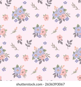 Seamless floral pattern, liberty ditsy print in delicate rustic, folk style. Pretty botanical design in pastel colors. Small hand drawn flowers, leaves, simple bouquet on a light. Vector illustration.