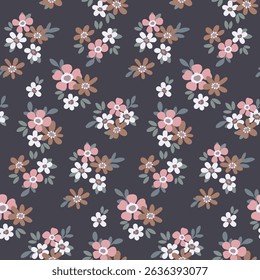 Seamless floral pattern, liberty ditsy print in autumn colors. Cute botanical design in folk, rustic motif. Small hand drawn flowers, tiny leaves, simple mini bouquets abstract. Vector illustration.