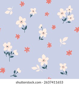 Seamless floral pattern, liberty ditsy print in cute retro motif. Pretty botanical design of small hand drawn white flowers, tiny leaves abstract on blue. Fashion textile print. Vector illustration.