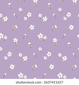 Seamless floral pattern, liberty ditsy print of mini pretty daisies on purple background. Cute botanical design of tiny hand drawn flowers, small leaves, simple plants abstract. Vector illustration.