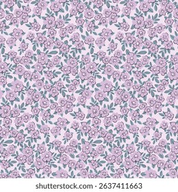 Seamless floral pattern, liberty ditsy print in delicate purple colors. Small cute hand drawn flowers, tiny leaves, simple mini plants abstract. Gentle botanical textile design. Vector illustration