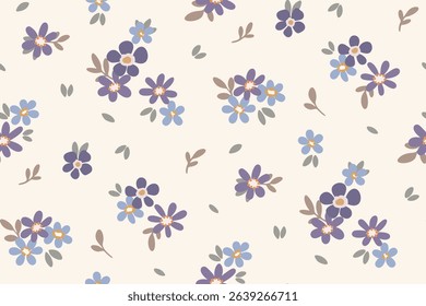 Seamless floral pattern, liberty ditsy print of small purple flowers. Pretty botanical design in rustic motif, tiny hand drawn flowers, leaves, simple cute bouquets on white. Vector illustration.