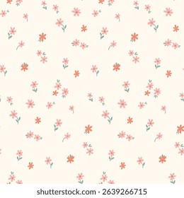 Seamless floral pattern, liberty ditsy print of tiny pretty chamomile flowers. Cute botanical design of simple mini plants, small hand drawn flowers, tiny leaves abstractly. Vector illustration.