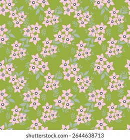 Seamless floral pattern, liberty ditsy with mini daisies in pastel colors. Pretty botanical design for fabric, paper: small hand drawn flowers, tiny leaves on a light background. Vector illustration