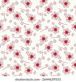Seamless floral pattern, liberty ditsy with mini daisies in pastel colors. Pretty botanical design for fabric, paper: small hand drawn flowers, tiny leaves on a light background. Vector illustration