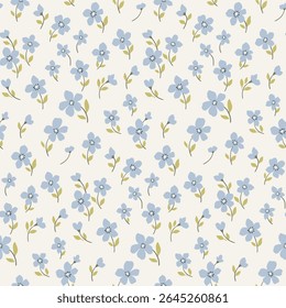 Padrão floral contínuo, liberdade ditsy impressão em delicado motivo do país. Design botânico bonito, padrão repetitivo em cores pastel. Pequenas flores azuis, pequenas folhas no campo branco. Ilustração vetorial.