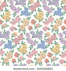 Padrão floral contínuo, liberdade ditsy impressão em estilo feminino bonito. Tecido botânico delicado, design têxtil de pequenas flores desenhadas à mão, folhas minúsculas, buquês de pastel simples. Ilustração vetorial.