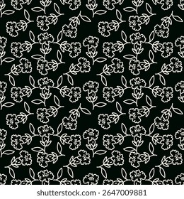 Seamless floral pattern, liberty ditsy print of cute hand drawn wild plants. Pretty botanical design with summer meadow, small chamomile flowers, tiny green leaves, blooming field