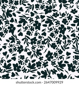Seamless floral pattern, liberty ditsy print of cute hand drawn wild plants. Pretty botanical design with summer meadow, small chamomile flowers, tiny green leaves, blooming field
