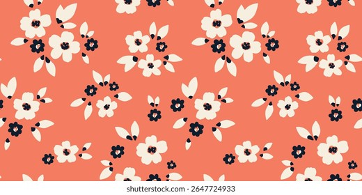 Seamless floral pattern, liberty ditsy print of simple small hand drawn plants in country motif. Pretty botanical design of tiny daisy flowers, leaves, bouquets on red background. Vector illustration.