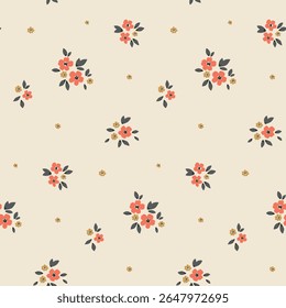 Seamless floral pattern, liberty ditsy print of mini pretty daisies. Cute botanical design of small hand drawn flowers, tiny leaves, simple bouquets in country fashion motif. Vector illustration.