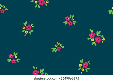 Seamless floral pattern, liberty ditsy print of mini pretty bouquets. Cute botanical design in simple vintage motif. Small hand drawn flowers, tiny leaves, bouquets abstract. Vector illustration.
