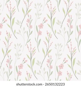 Seamless floral pattern, liberty ditsy print of delicate wildflowers in pastel colors. Romantic botanical design of small hand drawn flowers, tiny leaves, thin twigs, white field. Vector illustration.
