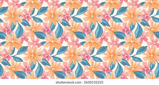 Padrão floral sem emenda, liberdade impressão ditsy com flores desenhadas à mão suave em cores pastel delicadas. Design botânico artístico de pequenas flores, folhas, botões de primavera florescentes. Ilustração vetorial.