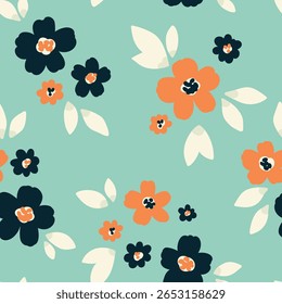 Padrão floral contínuo, liberdade ditsy impressão em bonito motivo folk. Design botânico bonito, ornamento natureza simples de pequenas flores desenhadas à mão, folhas minúsculas no campo azul suave. Ilustração vetorial.