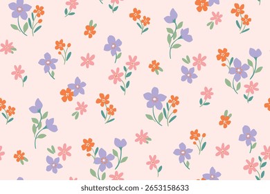 Padrão floral sem emenda, impressão de liberdade ditsy de plantas desenhadas à mão gentis em cores pastel. Design têxtil botânico bonito de pequenas flores margaridas, folhas minúsculas, campo florescente bonito. Ilustração vetorial