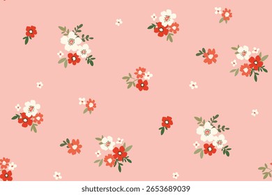 Padrão floral sem emenda, liberdade ditsy impressão de mini flores bonitas em rosa. Design botânico bonito no motivo do país, botões desenhados à mão pequena, folhas minúsculas, buquês romântico simples. Ilustração vetorial.