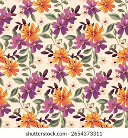 Seamless floral pattern, liberty ditsy print with colorful bouquets in vintage style. Elegant botanical design of small hand drawn flowers, tiny leaves in lush bouquets. Vector illustration.