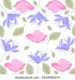 Patrón floral sin fisuras, libertad ditsy impresión, adorno de verano de plantas dibujadas a mano. Lindo Fondo de pantalla botánico, diseño textil: Pequeñas flores, hojas, ramos simples en blanco. 