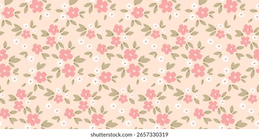Seamless floral pattern, liberty ditsy print of mini plants in delicate pastel colors. Cute botanical textile design of small hand drawn flowers, tiny leaves, simple bouquets. Vector illustration.