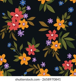 Patrón floral sin fisuras, impresión sucia de la libertad en el motivo rústico vintage. Diseño botánico elegante simple de Pequeñas flores dibujadas a mano, hojas diminutas, follaje y ramos en campo oscuro. Ilustración vectorial.