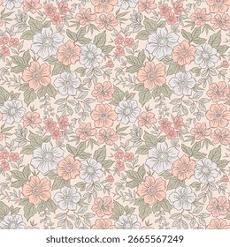 Patrón floral sin fisuras, impresión sucia de la libertad con las flores lindas del prado del verano. Diseño botánico bonito para la materia textil, papel. Pequeñas flores dibujadas a mano, hojas diminutas sobre un fondo crema marfil. Impresión de stock