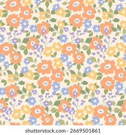 Seamless floral pattern, liberty ditsy print with a delicate blooming meadow in a retro motif. Cute botanical design of small hand drawn flowers, tiny leaves, simple mini plants. Vector illustration.