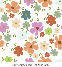 Patrón floral sin fisuras, impresión ditsy de la libertad con la botánica Grande linda en estilo popular retro. Hermoso diseño botánico de plantas silvestres dibujadas a mano: flores, hojas sobre fondo negro. Ilustración vectorial