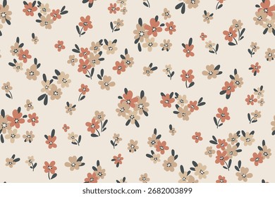 Seamless floral pattern, liberty ditsy print of simple small chamomiles in neutral natural colors. Cute botanical design of tiny hand drawn daisy flowers, leaves, mini bouquets on beige. Vector image