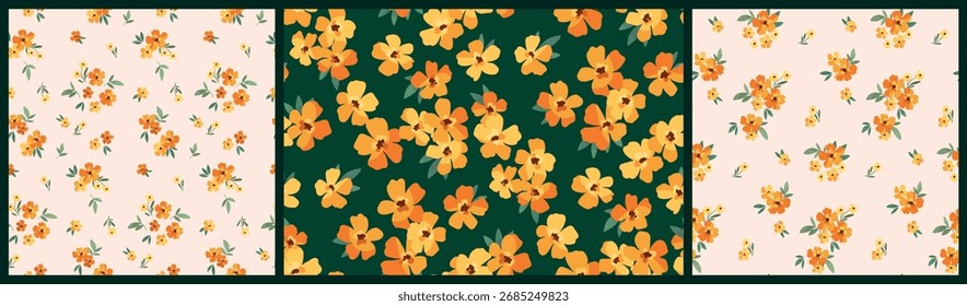 Seamless floral pattern, liberty ditsy print of mini hand drawn plants. Cute botanical design collection of small yellow flowers, tiny leaves, simple bouquets. Textile fashion, vector illustration.