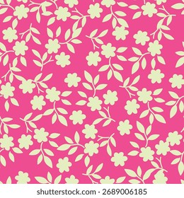 Patrón floral sin fisuras, impresión sucia de la libertad con flores suavemente pequeñas. Diseño botánico lindo, ornamento bonito: plantas dibujadas a mano, flores Pequeñas simples, hojas diminutas sobre un fondo rosa claro. Vector.