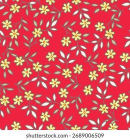 Padrão floral perfeito, impressão de liberdade com flores suavemente pequenas. Design botânico bonito, ornamento bonito: plantas desenhadas à mão, flores pequenas simples, folhas minúsculas em um fundo rosa claro. Vetor.