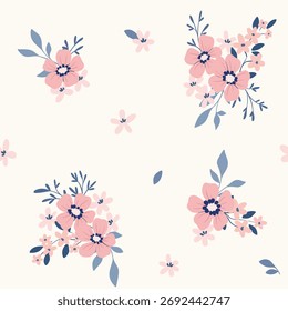 Patrón floral sin fisuras, impresión sucia de la libertad, ornamento rústico en colores frescos. Baldosa de diseño botánico simple de Pequeñas flores dibujadas a mano, hojas diminutas, ramos románticos en blanco. Ilustración vectorial.