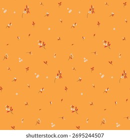 Padrão floral sem emenda, impressão de liberdade ditsy de plantas mini desenhadas em uma composição abstrata em um fundo amarelo. Design botânico simples de pequenas flores, galhos, folhas minúsculas. Ilustração vetorial.