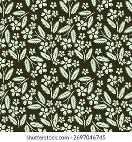 Patrón floral sin fisuras, libertad ditsy impresión, adorno con Pequeñas flores lindas. Diseño botánico simple para la tela, papel: pequeñas flores dibujadas a mano, hojas sobre fondo blanco. Ilustración vectorial.
