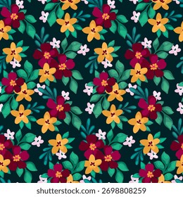 Seamless floral pattern, Liberty ditsy print of painted flowers, lush foliage. Simple cute botanical design in vintage motif, small hand-drawn flowers, little green leaves on dark. Vector illustration