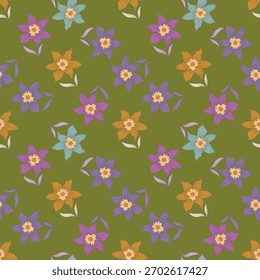 Nahtloses Blumenmuster, diffiziler Freiheitsdruck, hübsches abstraktes Blumenornament. Nettes botanisches Design: einfache handgezeichnete Wildpflanzen, kleine Blumen, Blätter auf grünem Feld. Farbige Vektorgrafik