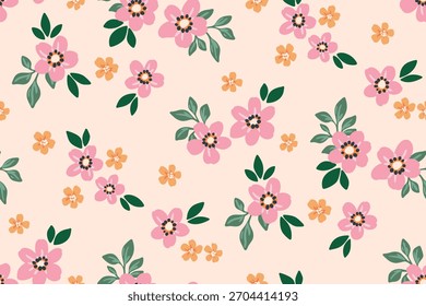 Nahtloses Blumenmuster, ein schmuckloser Abdruck von einfachen Pflanzen in einem süßen Babymotiv. Hübsches botanisches Design von kleinen rosa Gänseblümchen, winzigen Blättern, einfachen Mini-Frühlingssträußen. Vektorgrafik.
