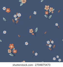 Padrão floral perfeito, impressão de liberdade no outono, cores de inverno. Design botânico bonito de pequenas plantas desenhadas à mão, flores de margaridas de bebê, folhas minúsculas abstratas, fundo azul. Ilustração vetorial.