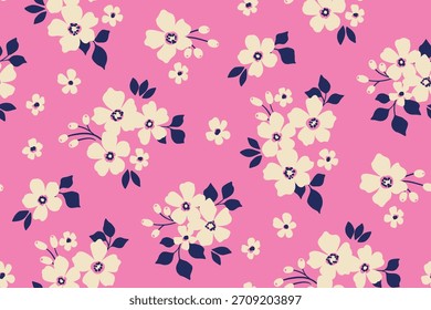 Seamless floral pattern, liberty ditsy print of simple hand drawn plants. Cute botanical design of painted white flowers, tiny leaves, small bouquets abstract on a pink background. Vector illustration
