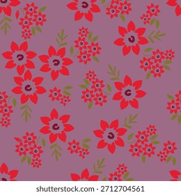 Patrón floral sin fisuras, impresión ditsy de la libertad con la botánica Grande linda en estilo popular retro. Hermoso diseño botánico de plantas silvestres dibujadas a mano: flores, hojas sobre fondo negro. Ilustración vectorial