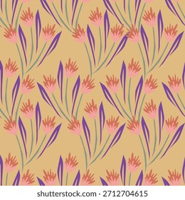 Patrón floral sin fisuras, impresión ditsy de la libertad con la botánica Grande linda en estilo popular retro. Hermoso diseño botánico de plantas silvestres dibujadas a mano: flores, hojas sobre fondo negro. Ilustración vectorial
