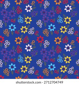 Patrón floral sin fisuras, impresión ditsy de la libertad con la botánica Grande linda en estilo popular retro. Hermoso diseño botánico de plantas silvestres dibujadas a mano: flores, hojas sobre fondo negro. Ilustración vectorial