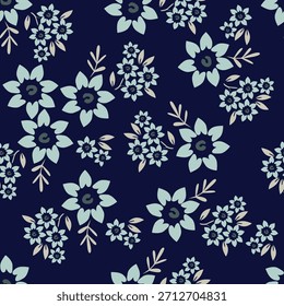 Patrón floral sin fisuras, impresión ditsy de la libertad con la botánica Grande linda en estilo popular retro. Hermoso diseño botánico de plantas silvestres dibujadas a mano: flores, hojas sobre fondo negro. Ilustración vectorial