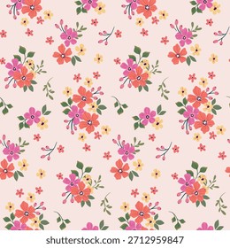 Padrão floral sem costura, liberdade ditsy impressão de delicadas plantas desenhadas à mão no motivo folclórico. Design botânico romântico de pequenas flores, folhas minúsculas e buquês simples e fofo. Ilustração vetorial.