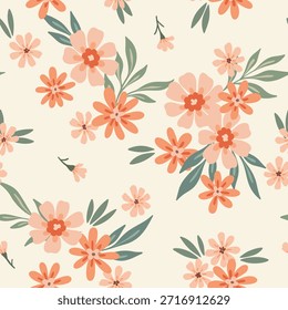 Patrón floral sin fisuras, impresión sucia de la libertad en un motivo de país delicado. Lindo diseño botánico de Pequeñas flores dibujadas a mano, hojas diminutas, ramos simples sobre un fondo blanco. Ilustración vectorial.